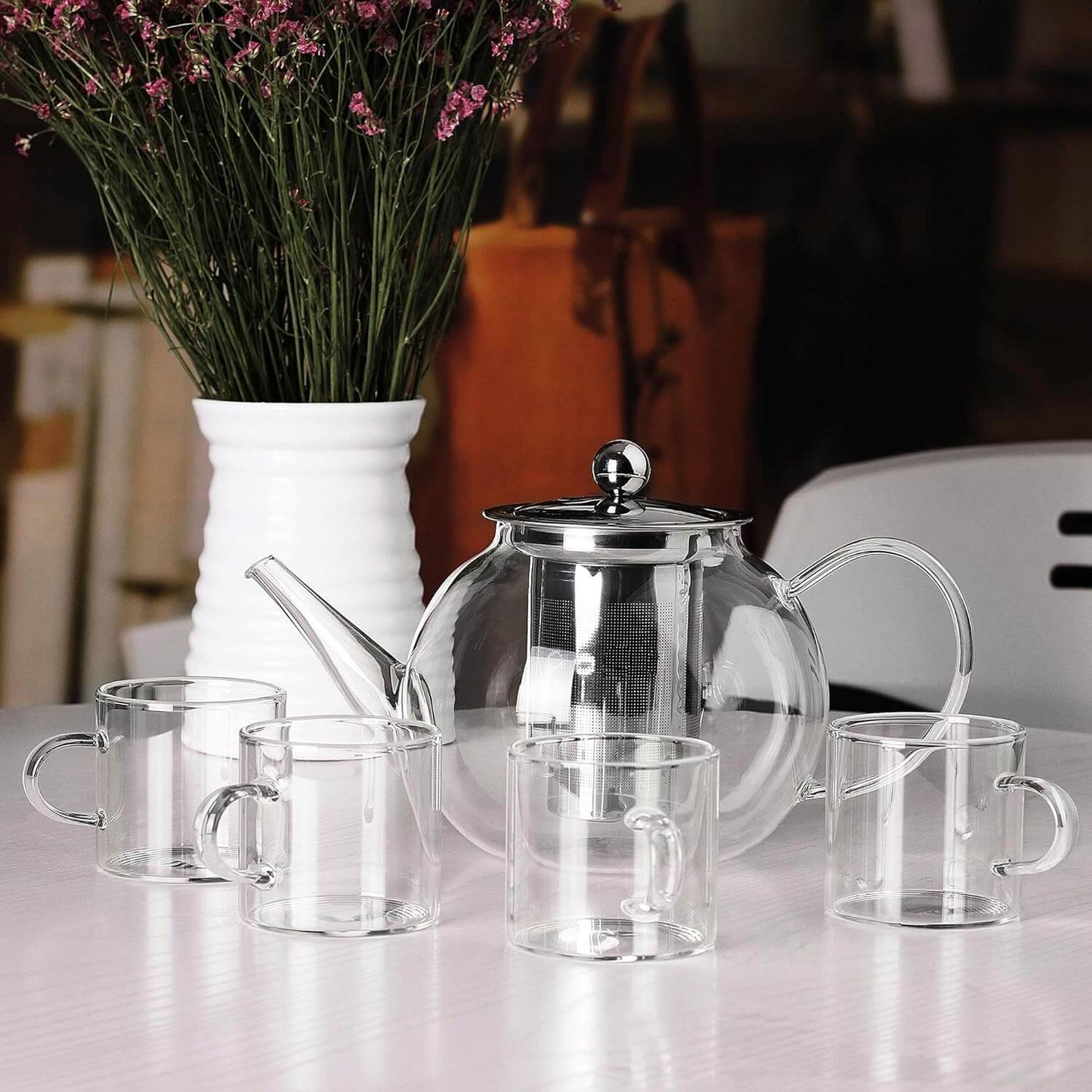 Set Glasse: Jarra Infusora 1100 ml + 4 Tasas / Hecho de Vidrio de Borosilicato (Resistente al fuego)