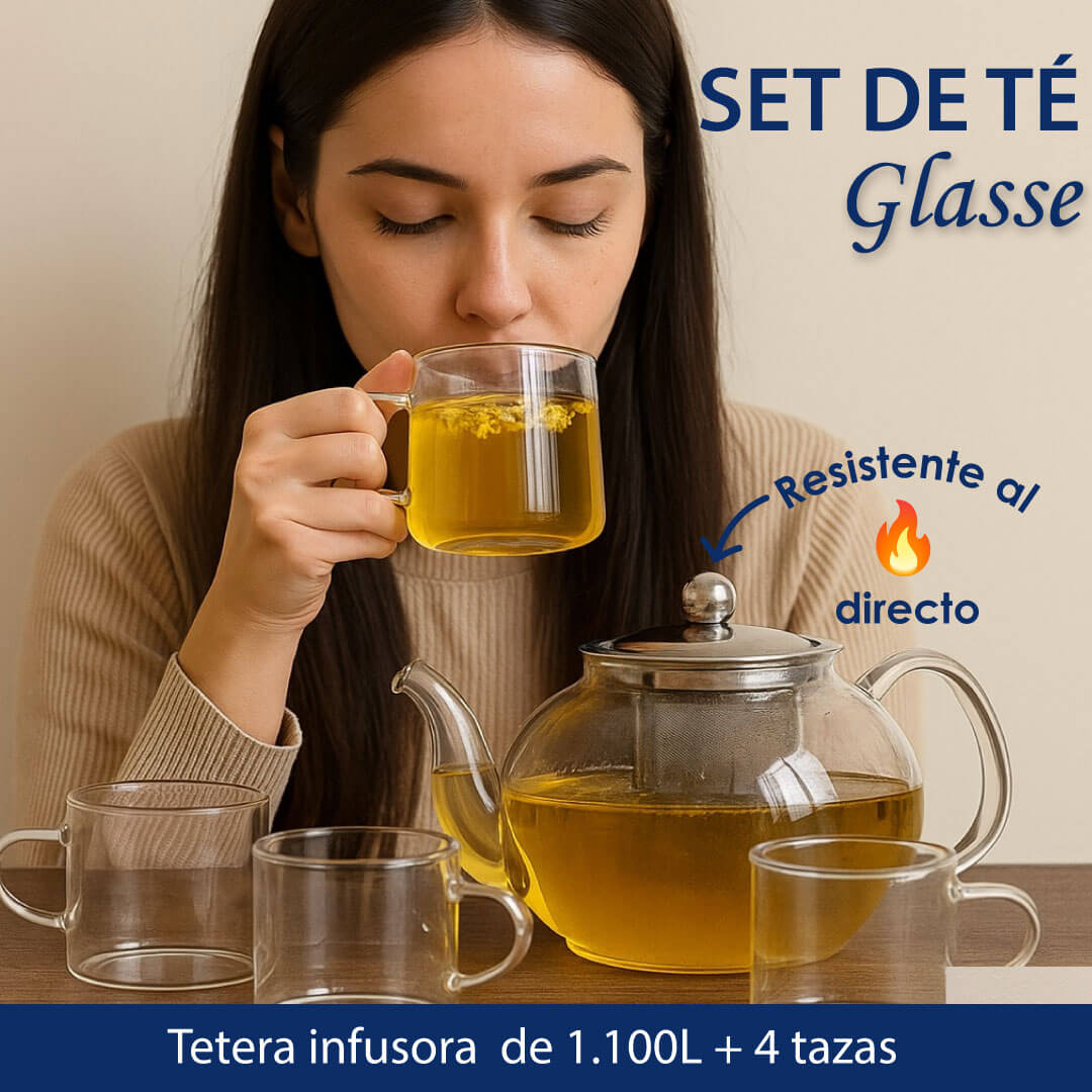 Set Glasse: Jarra Infusora 1100 ml + 4 Tasas / Hecho de Vidrio de Borosilicato (Resistente al fuego)