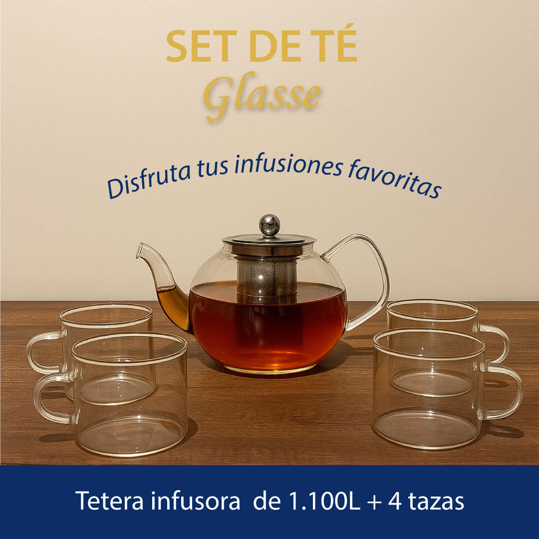 Set Glasse: Jarra Infusora 1100 ml + 4 Tasas / Hecho de Vidrio de Borosilicato (Resistente al fuego)