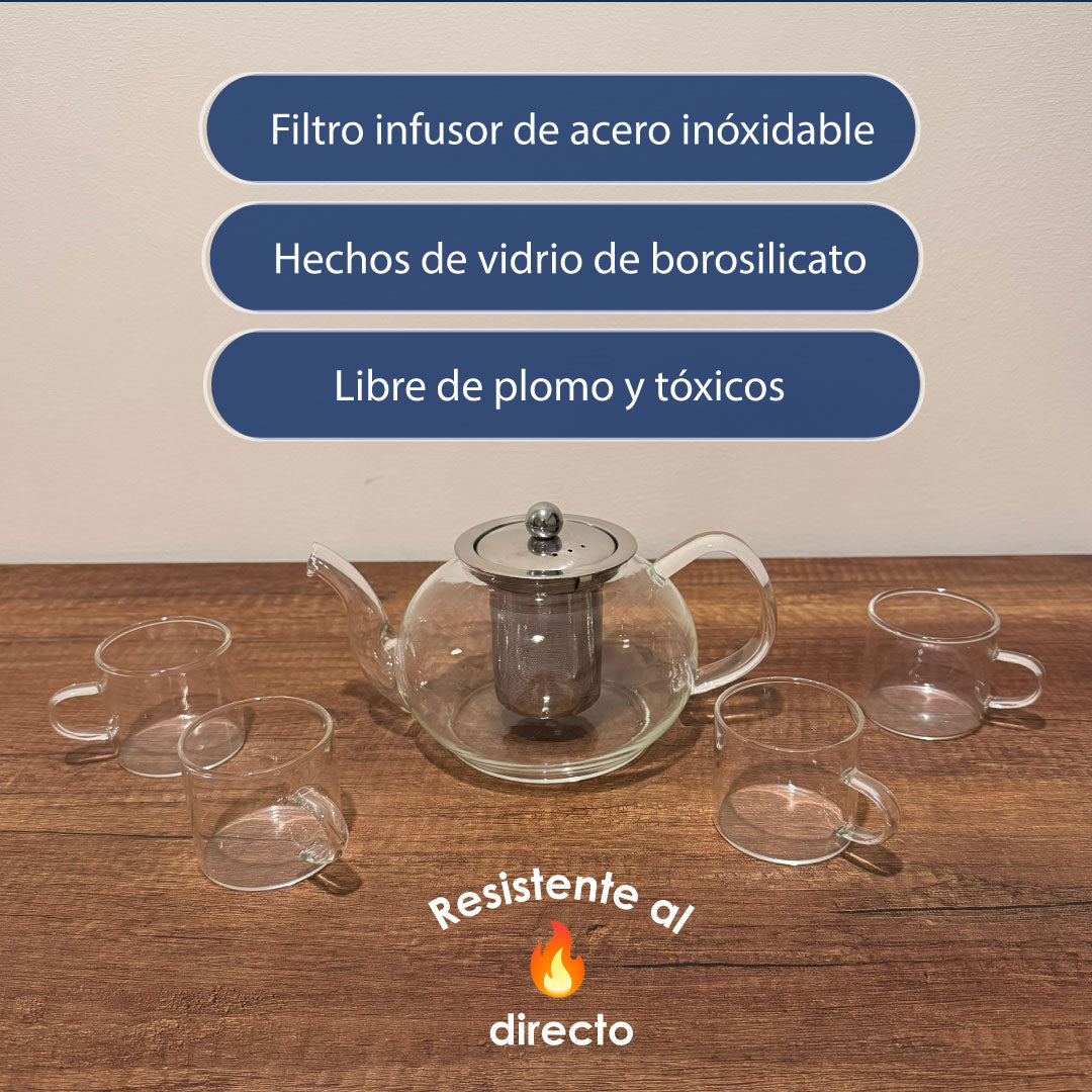 Set Glasse: Jarra Infusora 1100 ml + 4 Tasas / Hecho de Vidrio de Borosilicato (Resistente al fuego)
