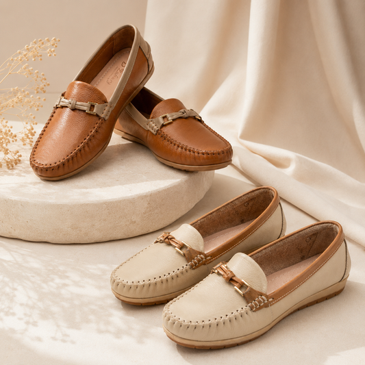 Mocasines Victoria Camel y beige(100% Cuero vacuno + Interior Anti transpirable: Forro de Badana)