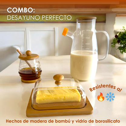 Combo Desayuno Perfecto de Bambú y Vidrio (Lechera + Mantequillera + Mielera)
