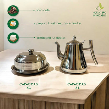 Combo Cocina Acero Sofisticado: Jarra Infusora Italiana 1.5 Lt + Quesera 1 Kg