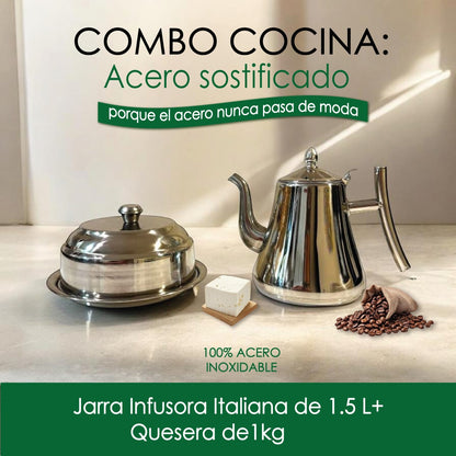 Combo Cocina Acero Sofisticado: Jarra Infusora Italiana 1.5 Lt + Quesera 1 Kg