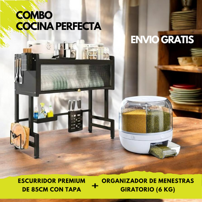 COMBO COCINA PERFECTA: Escurridor de platos/ 85 cm + Organizador giratorio de menestras/6kg