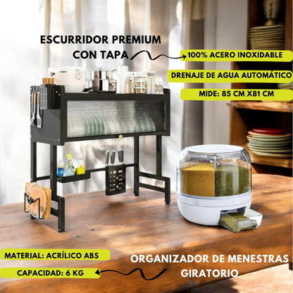 COMBO COCINA PERFECTA: Escurridor de platos/ 85 cm + Organizador giratorio de menestras/6kg