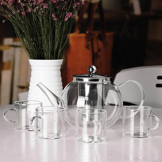 Set Glasse: Jarra Infusora 1100 ml + 4 Tasas / Hecho de Vidrio de Borosilicato (Resistente al fuego)