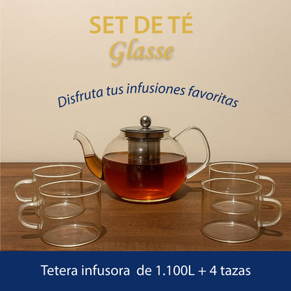 Set Glasse: Jarra Infusora 1100 ml + 4 Tasas / Hecho de Vidrio de Borosilicato (Resistente al fuego)